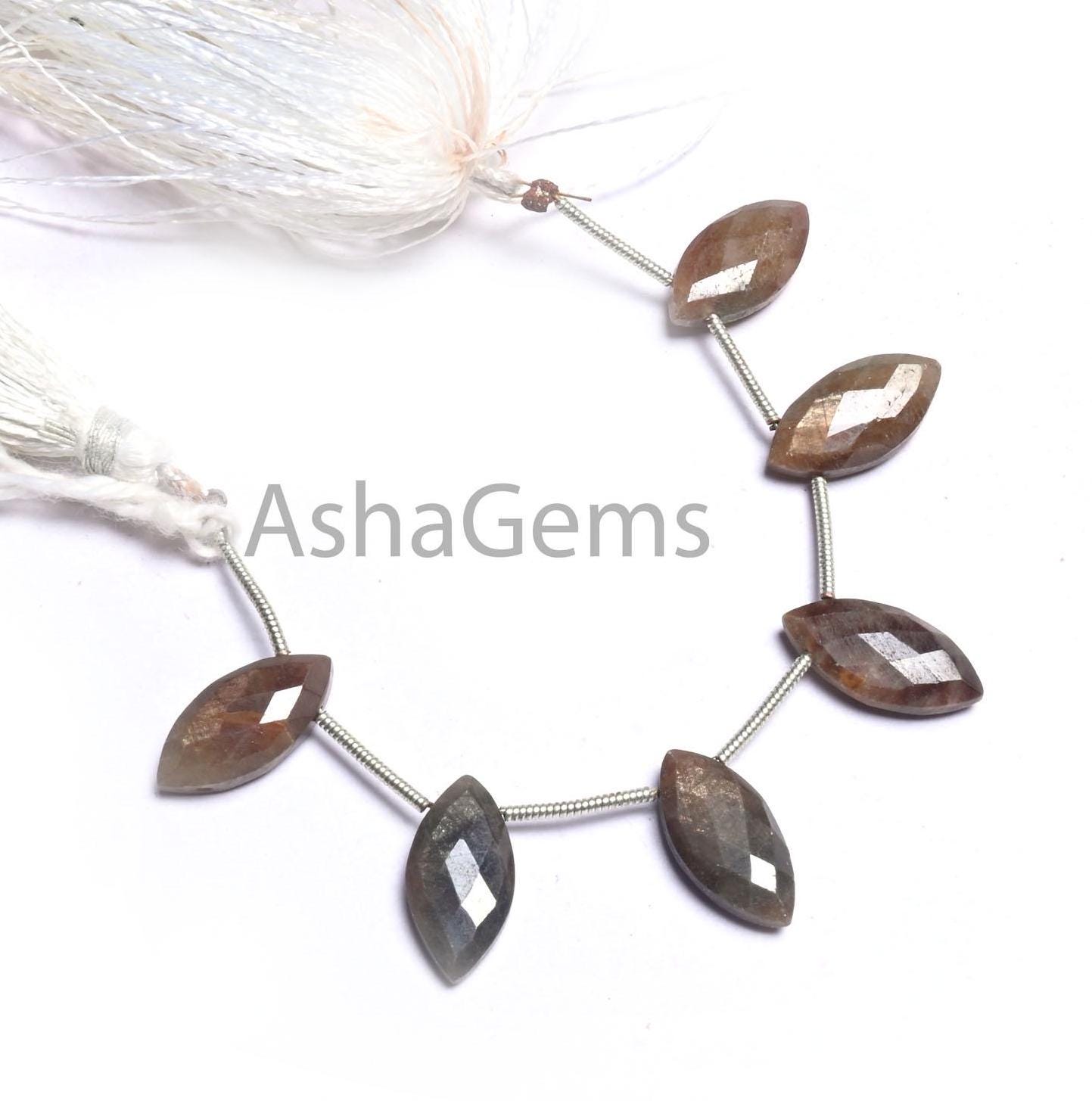 Moonstone Coated Fancy Marquise Shape Faceted Briolette Gemstone Beads,8-16 mm Shaded Brown Moonstone Coated Side Drill Beads Jewelry Crafts (AG 18604 )