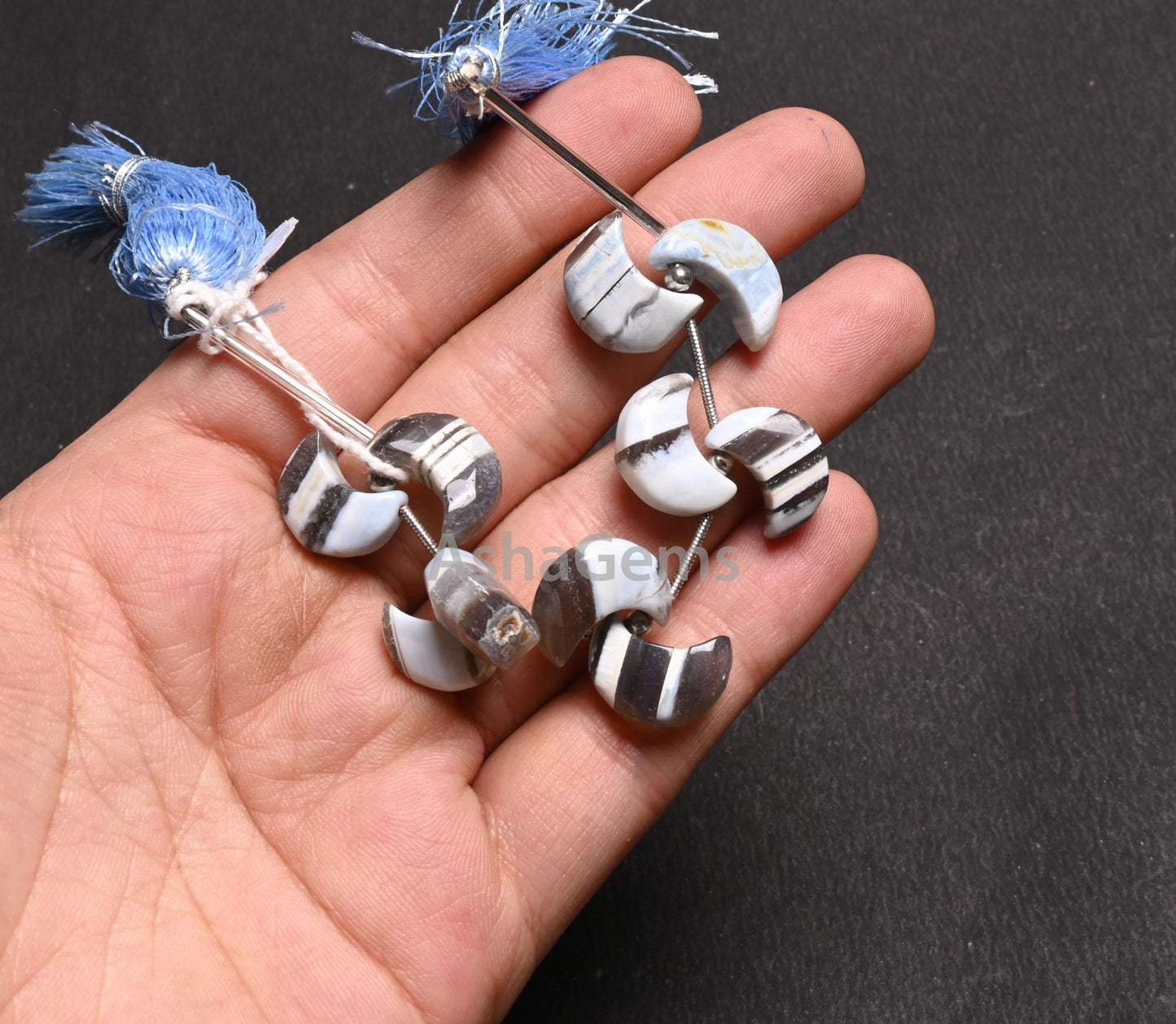 Beautiful Blue Boulder Opal Fancy Half Moon Carved Gemstone Beads, Boulder Opal Smooth Side Drill carving Beads, Blue Opal Bead Jewelry SALE