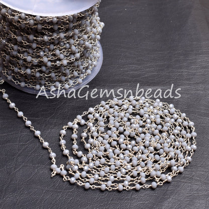 Grey Moonstone Hydro Rondelle Faceted Beads Rosary Chain Silver Plated Wire Wrap Jewelry Making Chains 3-3.5mm Bulk Roll Chain Necklace SALE