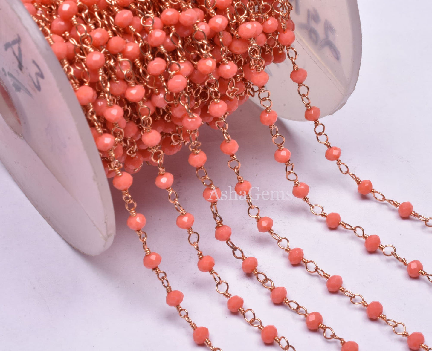 3 mm Beautiful Orange Coral Hydro Micro Cut Beads Rosary Chain Rose gold plated copper Wire Wrap handmade Beaded Rondelle Chain Rosary Craft