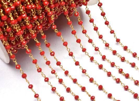 1,3,5,10,25 Feet,Red Onyx Hydro Faceted Rondelle Beaded Rosary Chain Gold Plated Wire Jewelry Making Finding Wrap Chain 3-3.5mm Roll Chain