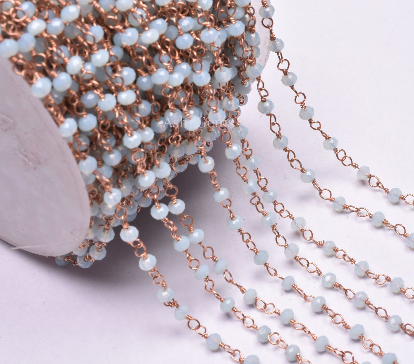 Beautiful Aqua Blue Chalcedony Hydro Beads Rosary Chain,3 mm Rose Gold Plated Wire Wrap Beaded Rondelle handmade Chain Jewelry Making Crafts