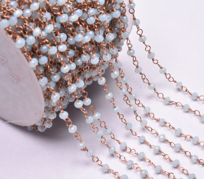 Beautiful Aqua Blue Chalcedony Hydro Beads Rosary Chain,3 mm Rose Gold Plated Wire Wrap Beaded Rondelle handmade Chain Jewelry Making Crafts