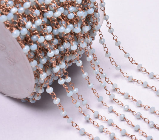 Beautiful Aqua Blue Chalcedony Hydro Beads Rosary Chain,3 mm Rose Gold Plated Wire Wrap Beaded Rondelle handmade Chain Jewelry Making Crafts