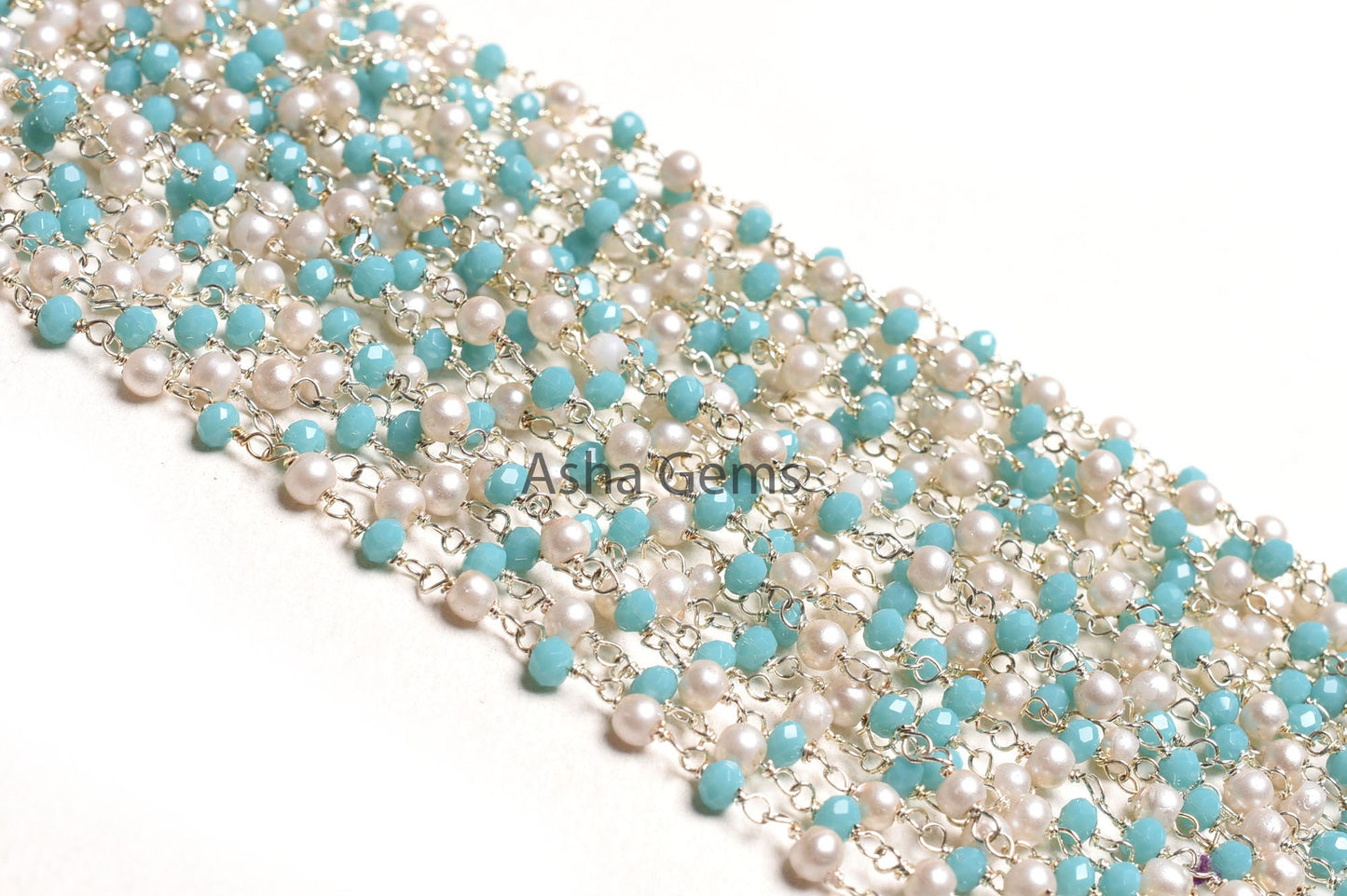 1,5,10,50 Feet Rosary Chain White Pearl, Blue Turquoise Hydro Beads Chain Silver Plated Wire Wrap Multi Color Beaded Chain For Necklace SALE