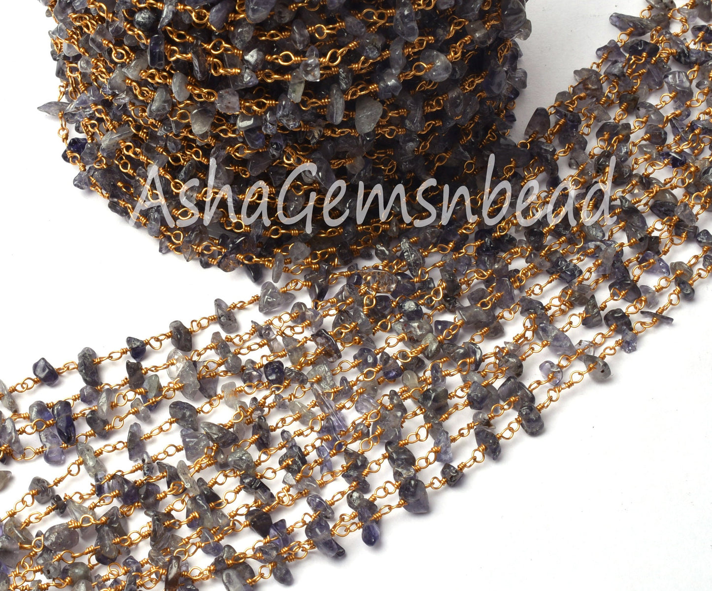 Natural Iolite Uncut Chip Beads Rosary Chain By Feet, Tiny Raw Rough Beaded Chain Gold Plated Wire Wrap Gemstone Chains Jewelry Making Craft