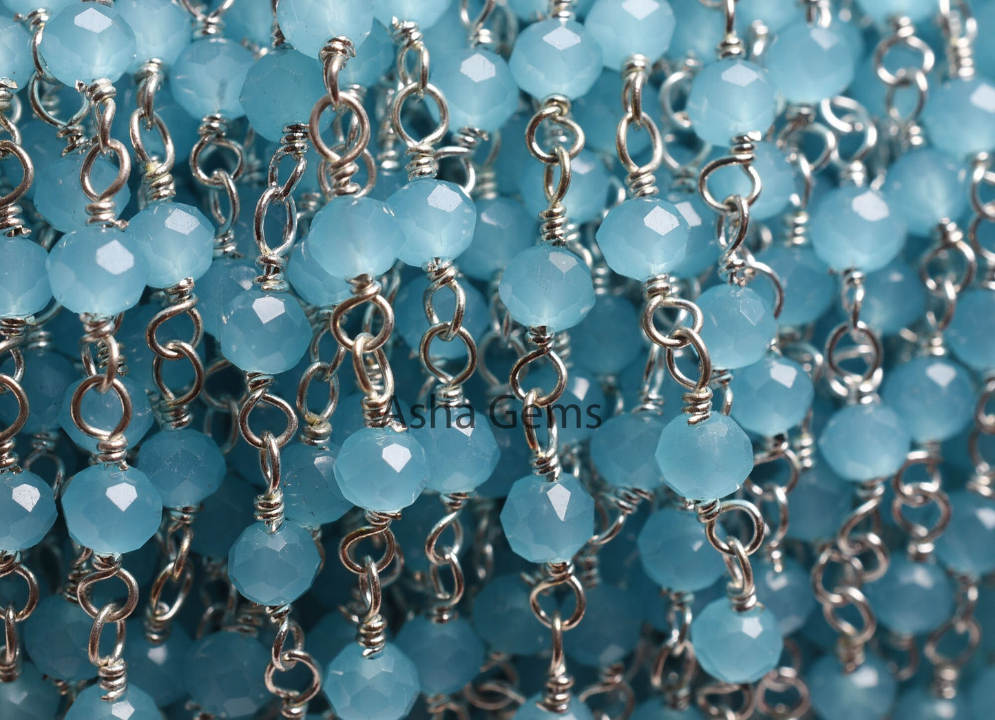 1,5,10,50Feet Chain Blue Milky Aqua Chalcedony Hydro Beads Rosary Chain Faceted Rondelle Silver Plated Wire Bulk Roll Findings Beaded Chains
