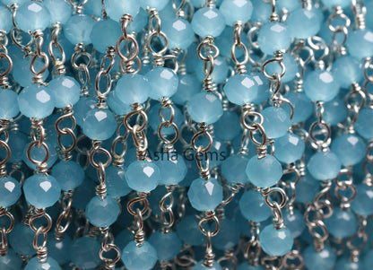 1,5,10,50Feet Chain Blue Milky Aqua Chalcedony Hydro Beads Rosary Chain Faceted Rondelle Silver Plated Wire Bulk Roll Findings Beaded Chains