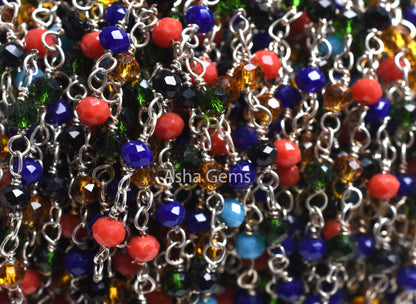 Multi Disco Hydro Beads Rosary Chain Silver Plated Wire Wrap Chain Roll,3mm Mix Color Beaded Faceted Rondelle Chain By Feet Jewelry Necklace
