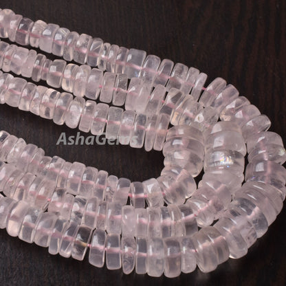 Natural Rose Quartz Smooth Heishi Tyre Gemstone Beads, Pink Rose Quartz, AAA Rose Quartz Bead Heishi Tyre Center Drill Rose Pink Wheel Beads