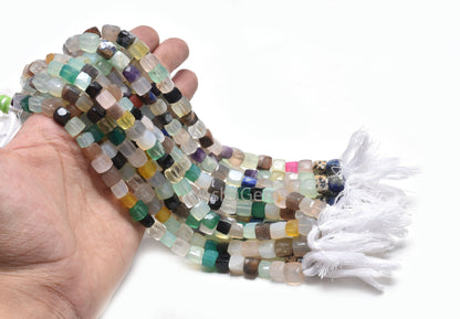 Beautiful Multi Color Stone Faceted Box Shape Beads,8" Mix Gemstone 3D Cube Box Indian Cut Beads Disco Box Center Drill Jewelry Making Craft