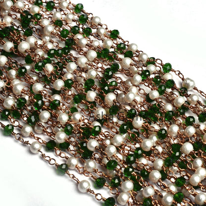 Chain White Pearl Chrome Diopside Hydro Beads Rosary Chain, Rose Gold Plated Wire Wrapped Jewelry Necklace making Chain 3 mm Handmade Chain