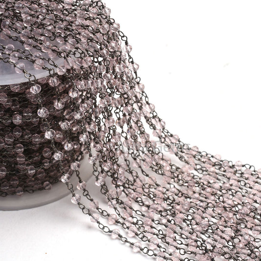 AAA Light Pink Quartz Hydro Micro Cut Beads Rosary Chain Gunmetal Black Plated Wire Wrap handmade Beaded Chains Necklace Making Jewelry 3 mm