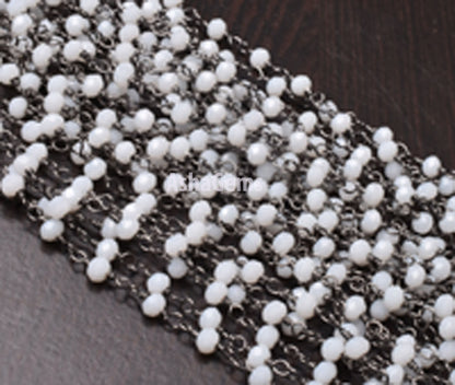 Beautiful White Agate Hydro Rondelle Faceted Beads Rosary Chain,3 mm Gun Metal Plated Black Wire Wrap Jewelry making Necklace Handmade Chain