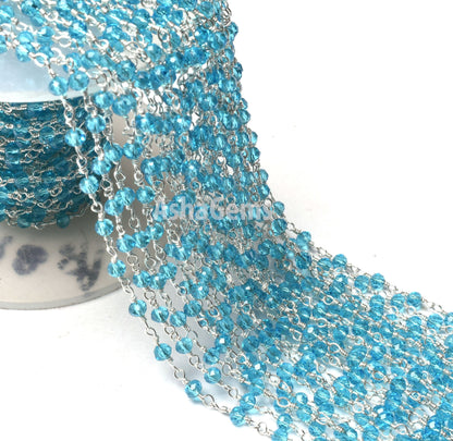 Beautiful Blue Topaz Hydro Faceted Rondelle Beads Rosary Chain 3-3.5 mm Rosary handmade Beaded Chains Roll Wire Wrap Jewelry Making Necklace Crafts
