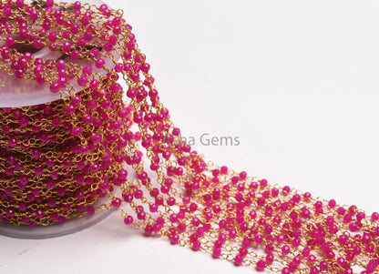AAA Pink Chalcedony Hydro Faceted Beads Rosary Chain Gold Plated Wire Wrapped Rondelle Micro Cut Beaded handmade Chain Necklace making Craft