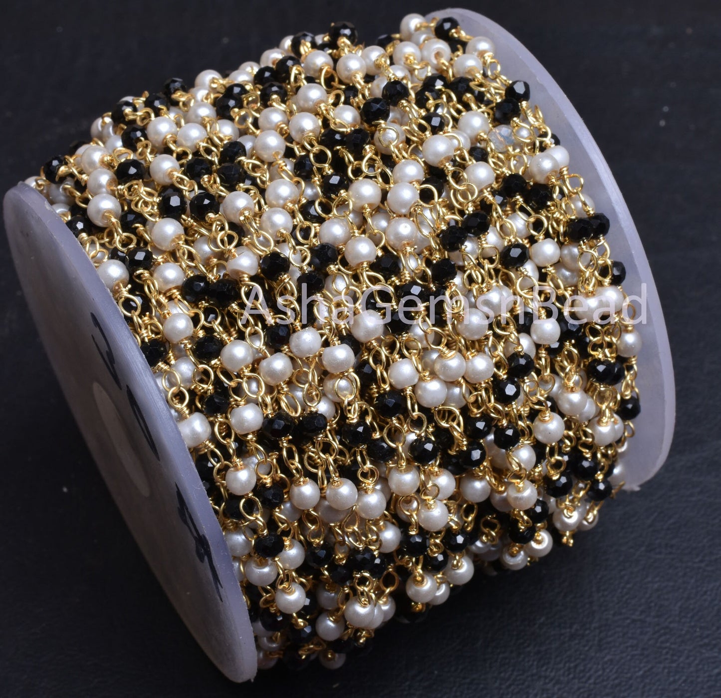 1,5,10,25 feet Beautiful Pearl, Black Spinel Hydro Beads Rosary Chain, Spinel Pearl Hydro Rondelle Beaded Chain, Gold Plated Wire Bulk Roll