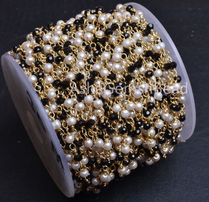 1,5,10,25 feet Beautiful Pearl, Black Spinel Hydro Beads Rosary Chain, Spinel Pearl Hydro Rondelle Beaded Chain, Gold Plated Wire Bulk Roll