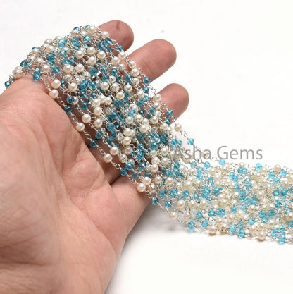 SALE Beautiful White Pearl, Blue Topaz Hydro Beads Rosary Chain, Faceted Rondelle Beaded Gold Plated Chain Wire Wrapped Jewelry Making Chain