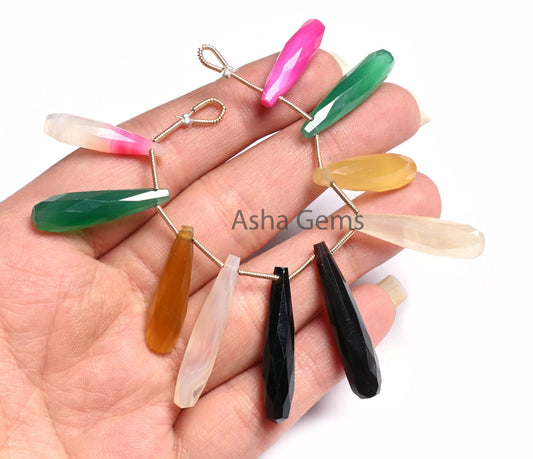 Fine Multi Color Chalcedony Fancy Pencil Drop Faceted Beads,6-34mm Disco Chalcedony Long Teardrop Gemstone Side Drill Briolette Bead Jewelry