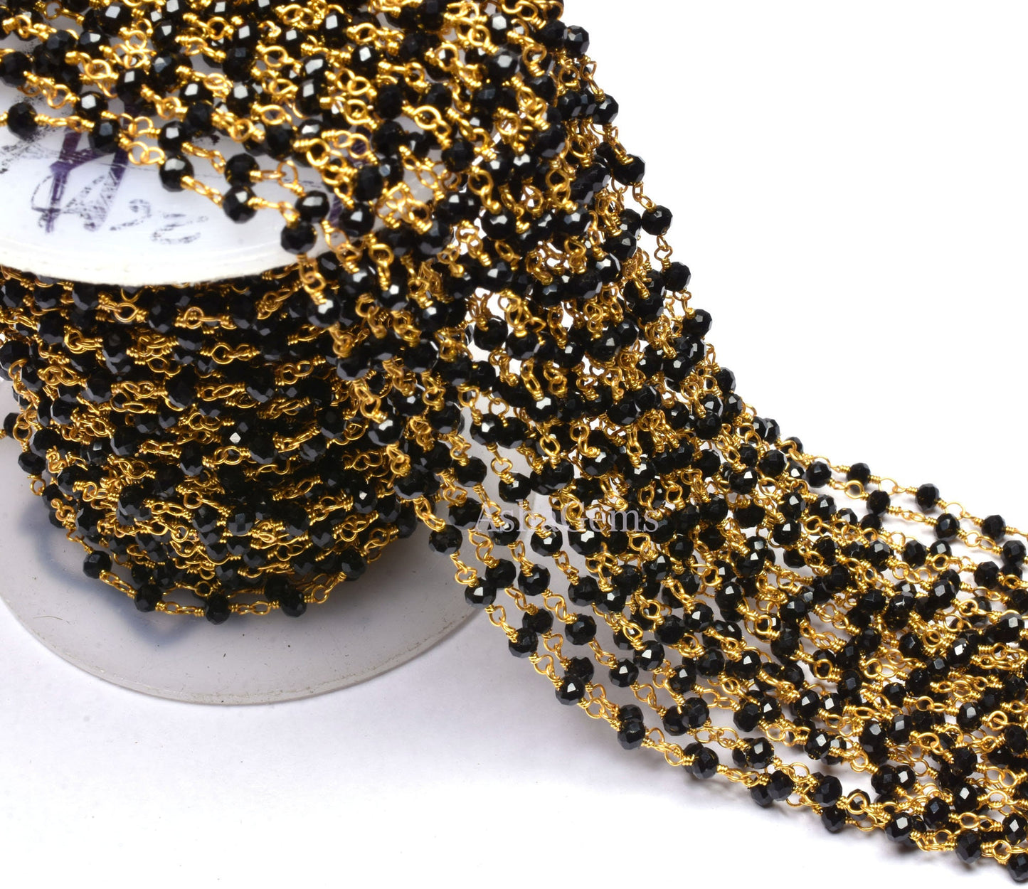 3,5,10,25,50 Feet Roll Bulk, Gold Plated Wire,Faceted Rondelle, Black Spinel Hydro Rosary Chain, Jewelry Making Chain,Finding, Wire Wrapped