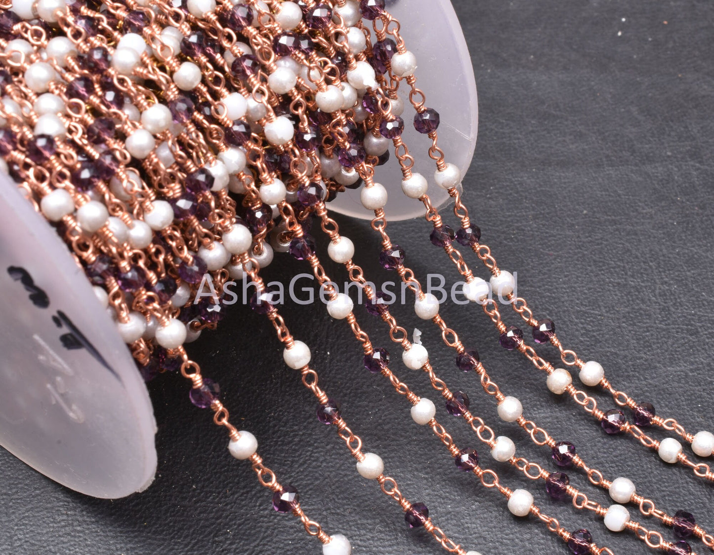 Beautiful White Pearl Garnet Hydro Faceted Rondelle Beads Rosary Chain Rose Gold Plated Copper Wire Wrap Chain SALE Jewelry making Craft 3mm