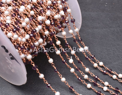 Beautiful White Pearl Garnet Hydro Faceted Rondelle Beads Rosary Chain Rose Gold Plated Copper Wire Wrap Chain SALE Jewelry making Craft 3mm