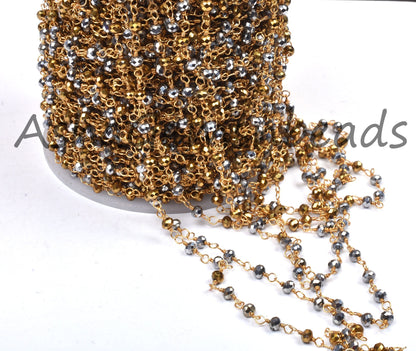 1,3,5,10 Ft, Silver Pyrite Hydro Faceted Rondelle Beaded Rosary Chain Gold Plated Wire Jewelry Making Finding,3-3.5mm Pyrite Hydro Chain