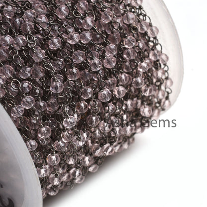 AAA Light Pink Quartz Hydro Micro Cut Beads Rosary Chain Gunmetal Black Plated Wire Wrap handmade Beaded Chains Necklace Making Jewelry 3 mm
