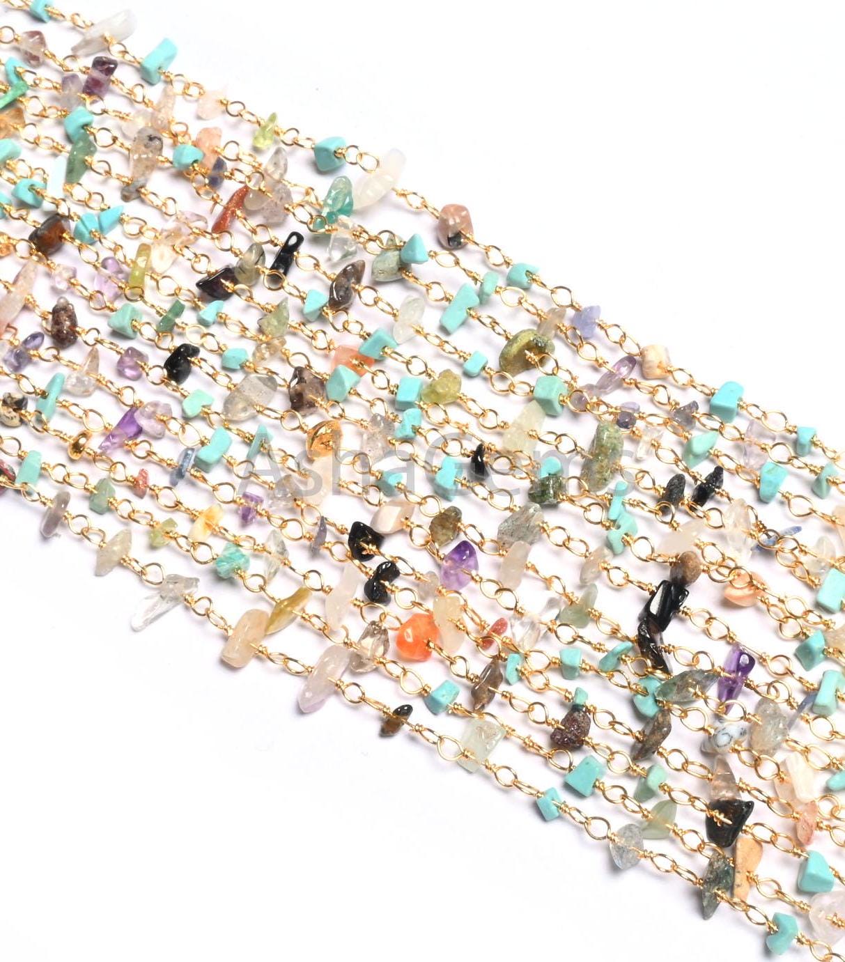 1,3,5,10 Feet Chain Natural Gemstone Multi Color Beads Rosary Chain Gold Plating Wire Disco Uncut Chip Beaded Rosary Chains Finding Jewelry