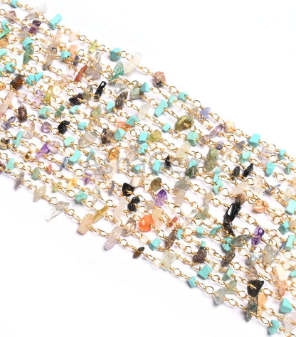 1,3,5,10 Feet Chain Natural Gemstone Multi Color Beads Rosary Chain Gold Plating Wire Disco Uncut Chip Beaded Rosary Chains Finding Jewelry