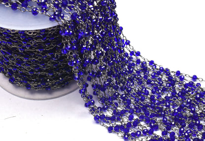 Royal Blue Quartz Hydro Faceted Beads Chain 1-50 Feet Black Metal Plated Wire Chain, 3-3.5 mm Gunmetal Jewelry Making Rosary Chain