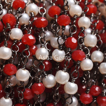 Beautiful Pearl Red Ruby Hydro Beads Rosary Chain,3mm Black Plated Gunmetal Wire Wrap Handmade Beaded Chain For Necklace Making Jewelry SALE