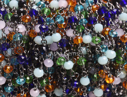 Fine Multi Disco Color Hydro Rondelle Faceted Beads Rosary Chain Black Plated Gunmetal Wire Beaded Handmade Chain Rosary Jewelry Making SALE