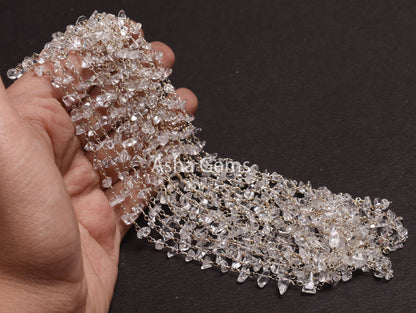 3,5,10,25,Ft Natural Crystal Uncut Chip Beads Rosary Chain Gemstone Bead Chain,Clear Crystal Smooth Nugget Beaded Chain,Silver Plated Wire