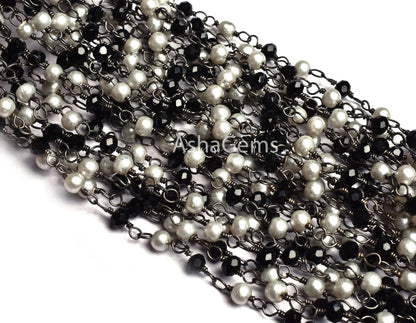 1,5,10,25 feet Beautiful Pearl, Black Spinel Hydro Beads Rosary Chain, Black Metal Plated Multi Color Rondelle Beaded Gunmetal Chain Jewelry