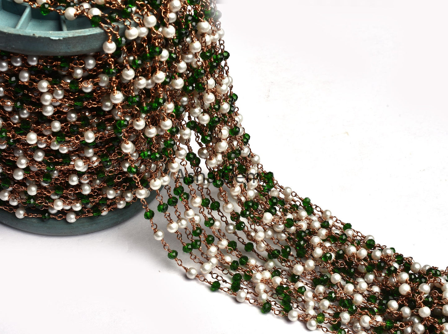 Chain White Pearl Chrome Diopside Hydro Beads Rosary Chain, Rose Gold Plated Wire Wrapped Jewelry Necklace making Chain 3 mm Handmade Chain