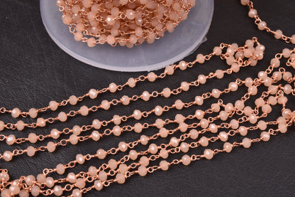 3,5,10,25 Ft,Peach Moonstone Hydro Faceted Rondelle Beaded Rosary Chain Rose Gold Plated,Jewelry Making,Finding,Wire Wrapped Chain,3-3.5 mm
