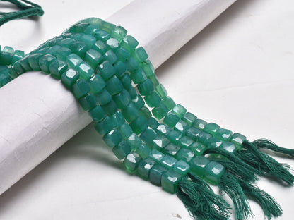 Beautiful Green Onyx Faceted 3D Cube Box Center Drill Beads,8" Strand Green Onyx Cube Gemstone Handmade Beads Onyx Bead Jewelry Making Craft