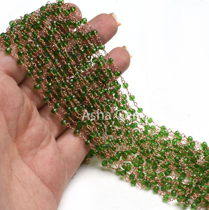 Rosary Chain, Green Chrome Diopside Hydro Faceted Beads Chain Rose Gold Plated Copper wire wrap rondelle Micro cut Beads Handmade Chain SALE