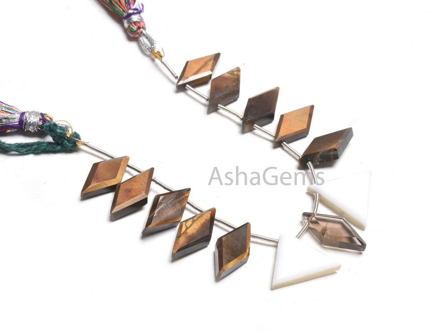 Natural Tiger Eye Fancy Rhombus+ 2 Piece White Agate Trillion Shape Faceted Beads, Multi Color Side Drill Fancy Gemstone Loose Beads Jewelry
