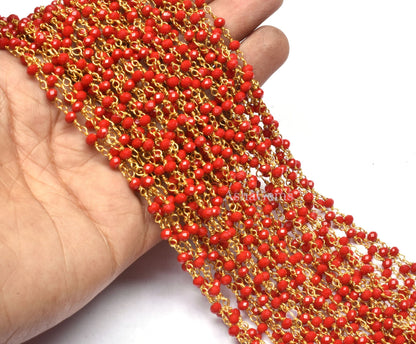 1,3,5,10,25 Feet,Red Onyx Hydro Faceted Rondelle Beaded Rosary Chain Gold Plated Wire Jewelry Making Finding Wrap Chain 3-3.5mm Roll Chain
