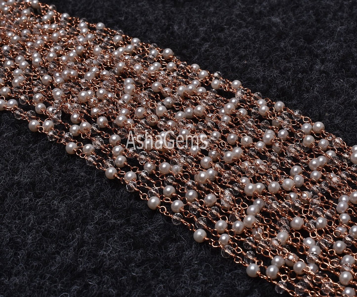 Beautiful Pearl Crystal Quartz Hydro Beads Rosary Chain, Rose gold Plated Copper Wire Wrap Faceted Beaded Chain Necklace Jewelry making SALE
