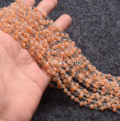 4 mm Peach Moonstone Hydro Faceted Rondelle Beads Rosary Chain By Foot Bulk Silver Plated Wire Wrapped Jewelry Necklace Making Crafts Chain