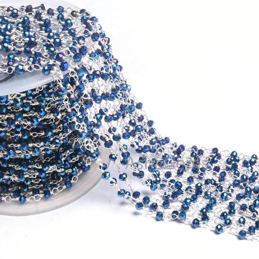 1,3,5,10,50 Feet,Blue Titanium Pyrite Hydro Faceted Rondelle Beaded Rosary Chain Silver Plated Wire,Jewelry Making Finding,Wire Chain 3.50mm