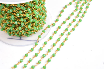 3,10,25 Foot Green Jasper Hydro Faceted Rondelle Beads Rosary Chain 3-3.5 mm Gold Plated Wire handmade Beaded Chain Jewelry Craft SALE DIY