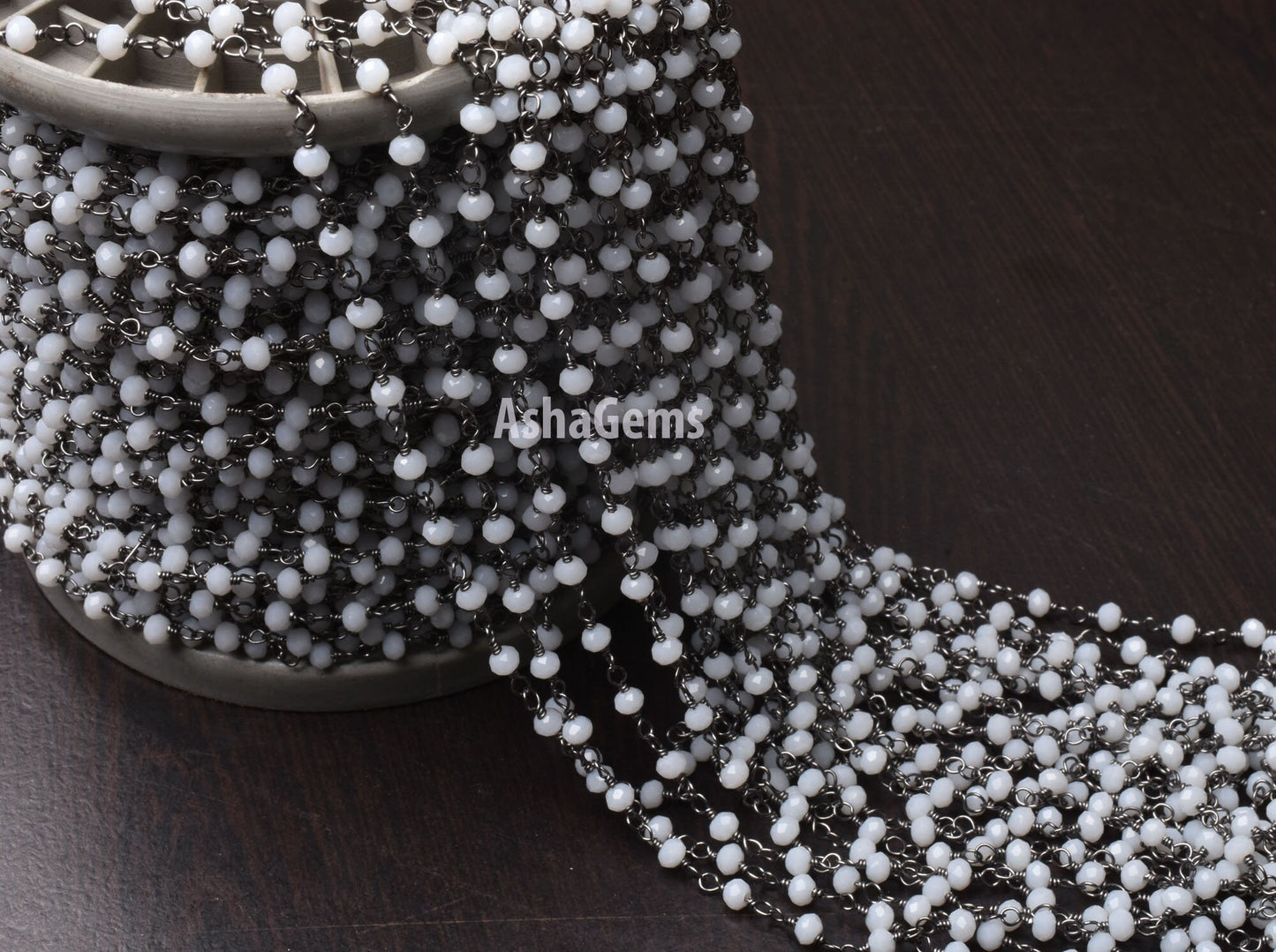 Beautiful White Agate Hydro Rondelle Faceted Beads Rosary Chain,3 mm Gun Metal Plated Black Wire Wrap Jewelry making Necklace Handmade Chain