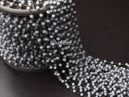 Beautiful White Agate Hydro Rondelle Faceted Beads Rosary Chain,3 mm Gun Metal Plated Black Wire Wrap Jewelry making Necklace Handmade Chain