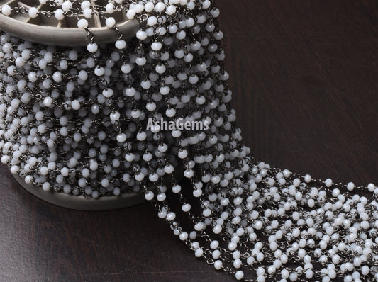 Beautiful White Agate Hydro Rondelle Faceted Beads Rosary Chain,3 mm Gun Metal Plated Black Wire Wrap Jewelry making Necklace Handmade Chain
