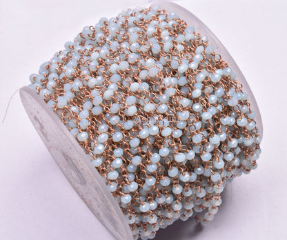 Beautiful Aqua Blue Chalcedony Hydro Beads Rosary Chain,3 mm Rose Gold Plated Wire Wrap Beaded Rondelle handmade Chain Jewelry Making Crafts